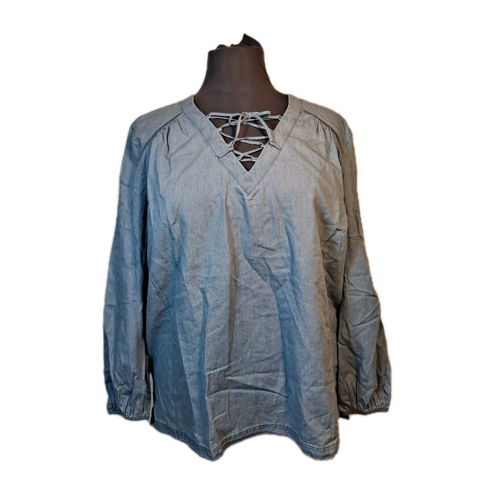 Lane Bryant Women's Peasant Blouse Size 18/20 Blue Chambray Lace-up